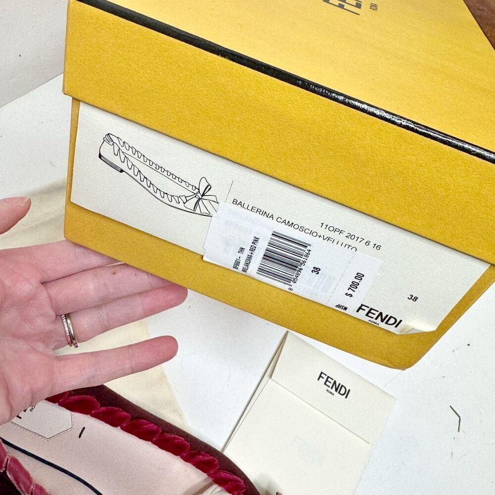 Fendi Burgundy Suede Velvet Ribbon Stitch Bow Pointed Toe Ballet Flats Size 38 - Picture 11 of 11